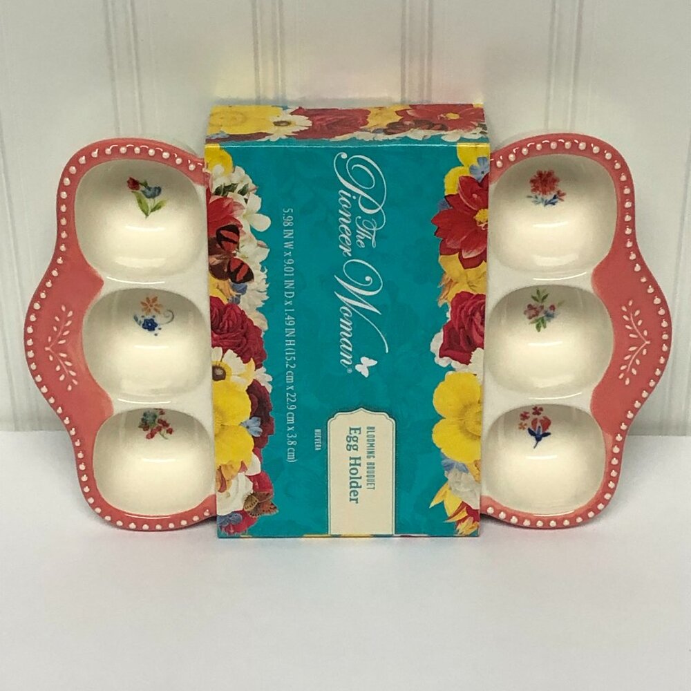 Pioneer Woman Blooming Bouquet Floral Stoneware Egg Holder Coral for 12 Eggs New